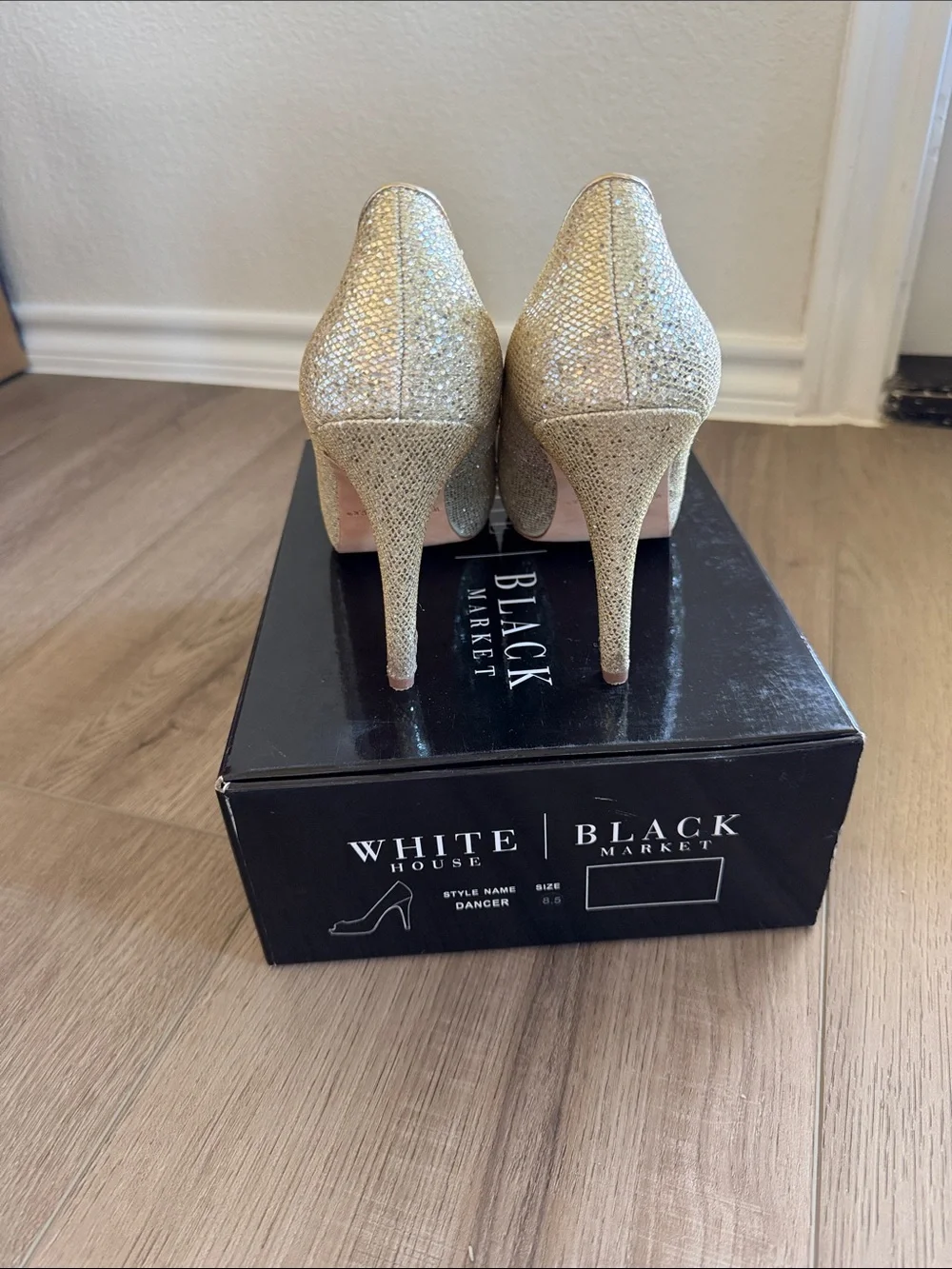 White House Black Market Gold Glitter Peep-Toe Pumps